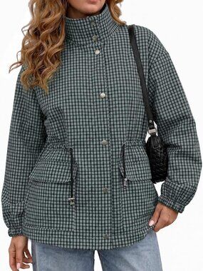 Plaid Zip-Up Jacket for Women | Casual Fall Windproof Trench Coat